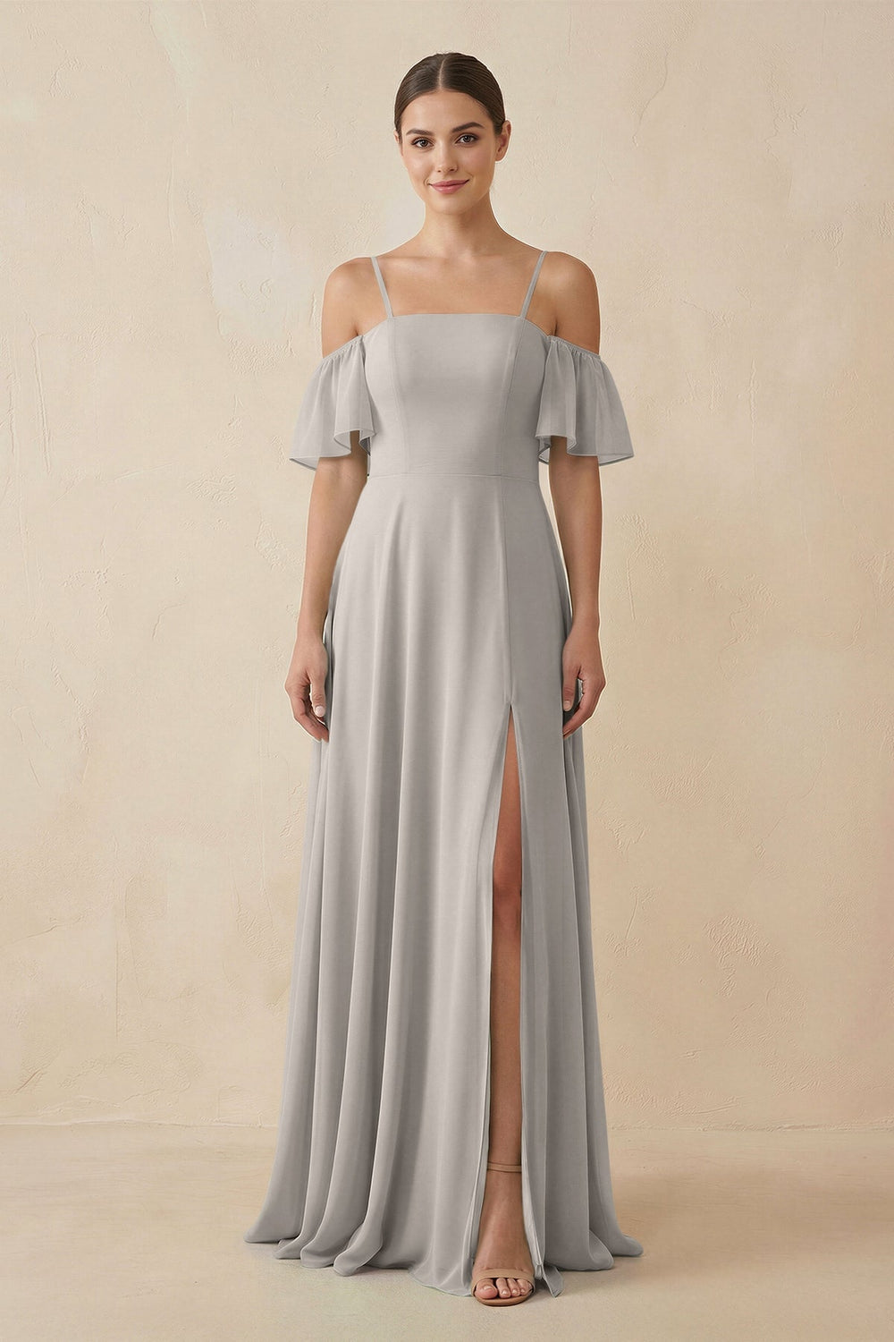 Off - the - Shoulder A - Line Chiffon Bridesmaid Dress in Silver - KissProm Bridesmaid Dresses