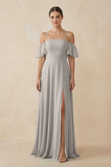 Off - the - Shoulder A - Line Chiffon Bridesmaid Dress in Silver - KissProm Bridesmaid Dresses