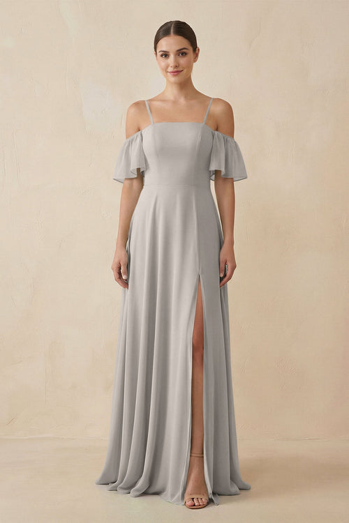 Off - the - Shoulder A - Line Chiffon Bridesmaid Dress in Silver - KissProm Bridesmaid Dresses