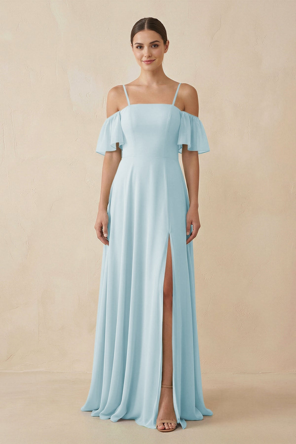 Off - the - Shoulder A - Line Chiffon Bridesmaid Dress in Sky Blue - KissProm Bridesmaid Dresses
