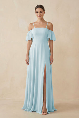 Off - the - Shoulder A - Line Chiffon Bridesmaid Dress in Sky Blue - KissProm Bridesmaid Dresses