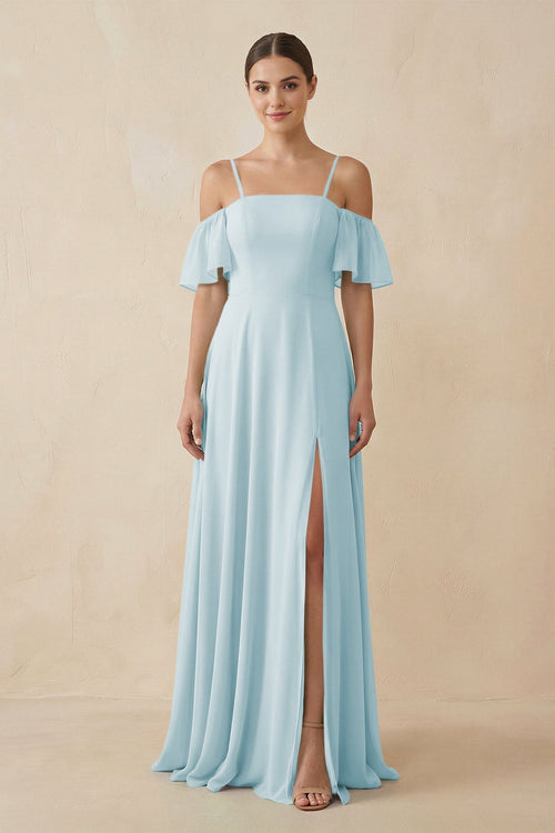 Off - the - Shoulder A - Line Chiffon Bridesmaid Dress in Sky Blue - KissProm Bridesmaid Dresses