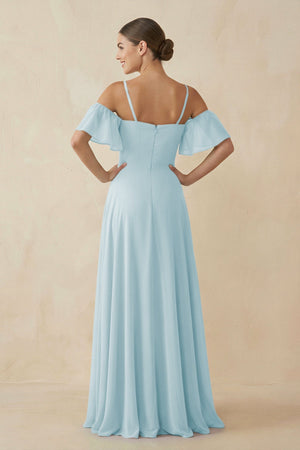 Off - the - Shoulder A - Line Chiffon Bridesmaid Dress in Sky Blue - KissProm Bridesmaid Dresses