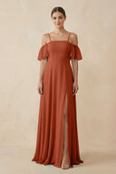 Off - the - Shoulder A - Line Chiffon Bridesmaid Dress in Spice - KissProm Bridesmaid Dresses