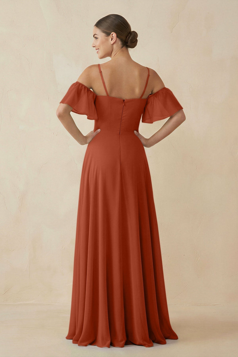 Off - the - Shoulder A - Line Chiffon Bridesmaid Dress in Spice - KissProm Bridesmaid Dresses