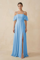 Off - the - Shoulder A - Line Chiffon Bridesmaid Dress in Steel Blue - KissProm Bridesmaid Dresses