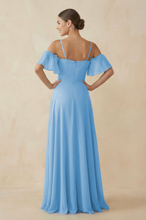 Off - the - Shoulder A - Line Chiffon Bridesmaid Dress in Steel Blue - KissProm Bridesmaid Dresses