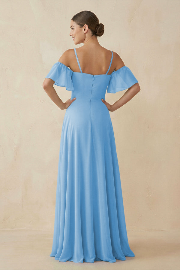 Off - the - Shoulder A - Line Chiffon Bridesmaid Dress in Steel Blue - KissProm Bridesmaid Dresses
