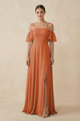 Off - the - Shoulder A - Line Chiffon Bridesmaid Dress in Terracotta - KissProm Bridesmaid Dresses