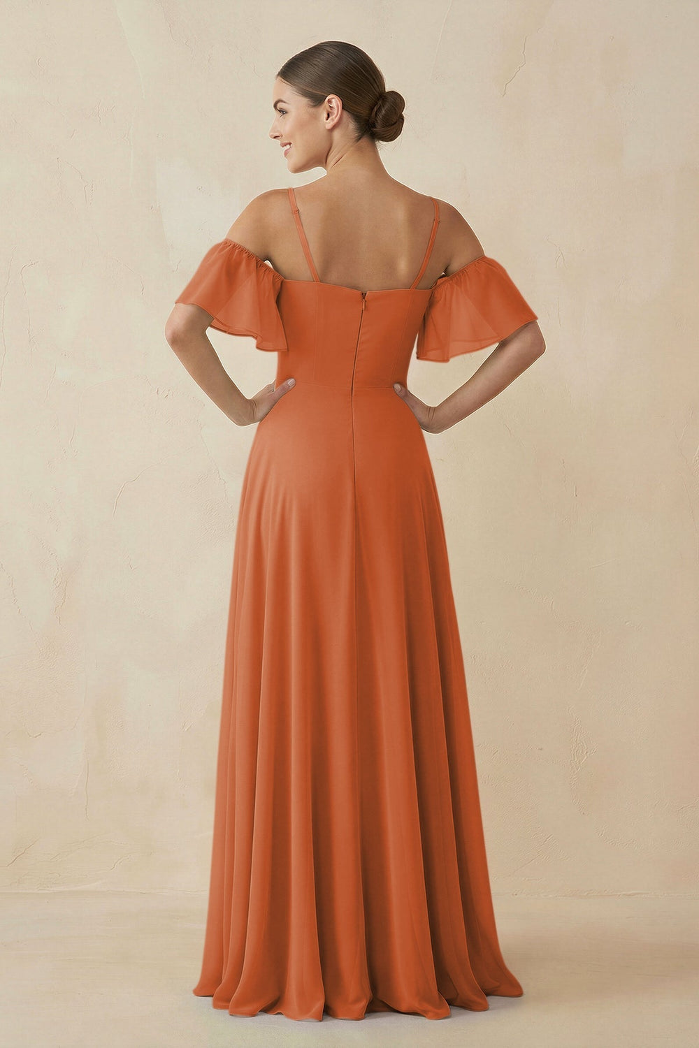 Off - the - Shoulder A - Line Chiffon Bridesmaid Dress in Terracotta - KissProm Bridesmaid Dresses