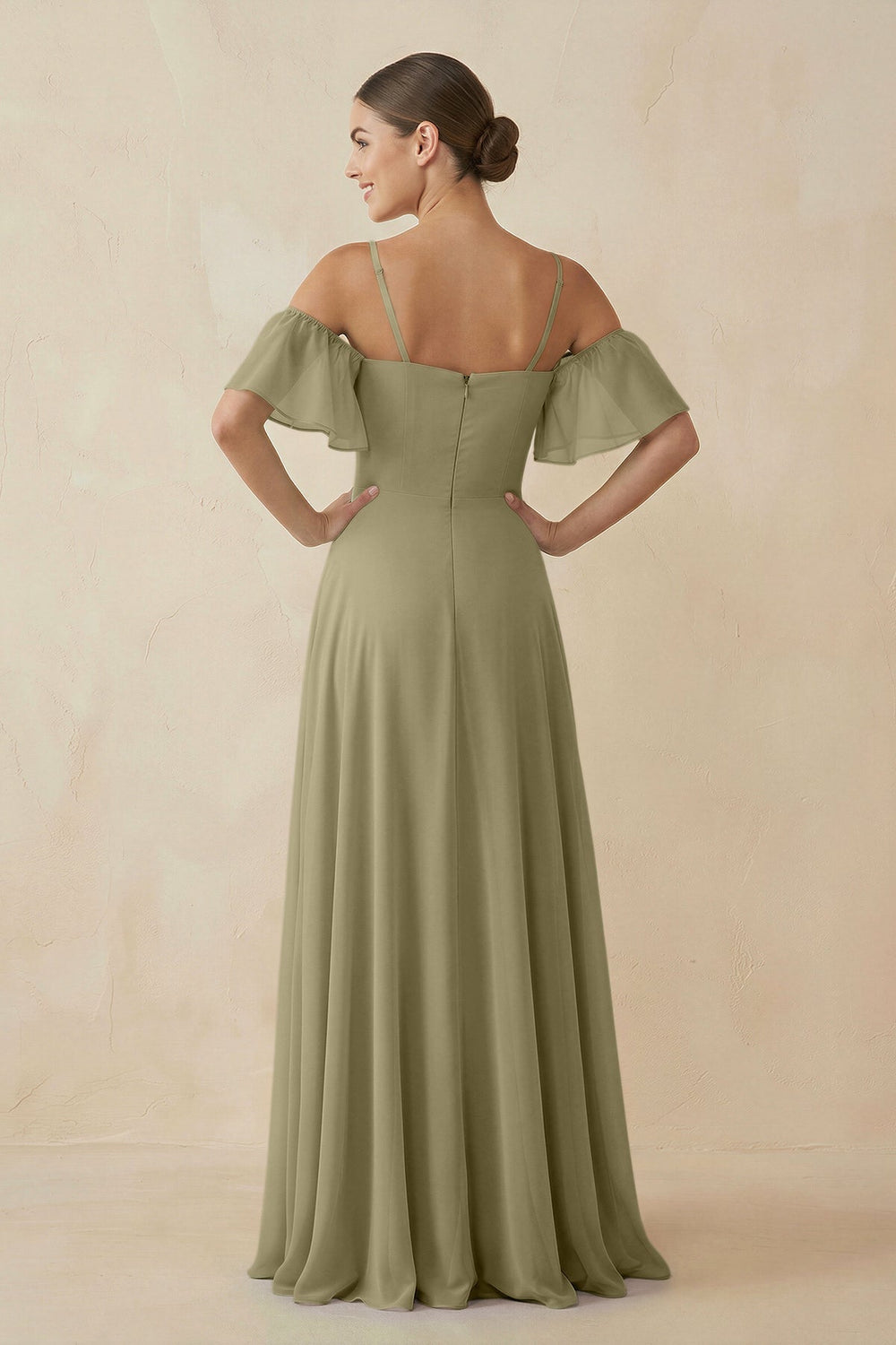 Off - the - Shoulder A - Line Chiffon Bridesmaid Dress in Thyme - KissProm Bridesmaid Dresses