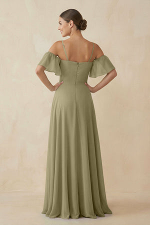 Off - the - Shoulder A - Line Chiffon Bridesmaid Dress in Thyme - KissProm Bridesmaid Dresses