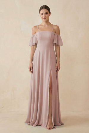 Off - the - Shoulder A - Line Chiffon Bridesmaid Dress in Toffee - KissProm Bridesmaid Dresses