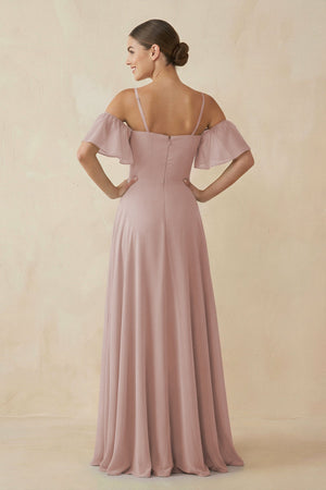 Off - the - Shoulder A - Line Chiffon Bridesmaid Dress in Toffee - KissProm Bridesmaid Dresses