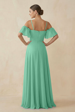 Off - the - Shoulder A - Line Chiffon Bridesmaid Dress in Turquoise - KissProm Bridesmaid Dresses