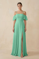 Off - the - Shoulder A - Line Chiffon Bridesmaid Dress in Turquoise - KissProm Bridesmaid Dresses