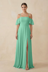 Off - the - Shoulder A - Line Chiffon Bridesmaid Dress in Turquoise - KissProm Bridesmaid Dresses