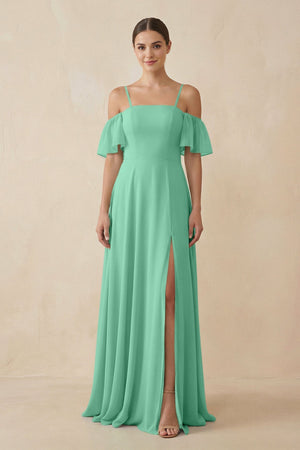 Off - the - Shoulder A - Line Chiffon Bridesmaid Dress in Turquoise - KissProm Bridesmaid Dresses