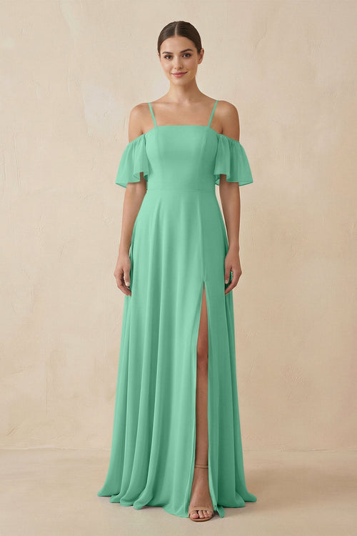 Off - the - Shoulder A - Line Chiffon Bridesmaid Dress in Turquoise - KissProm Bridesmaid Dresses