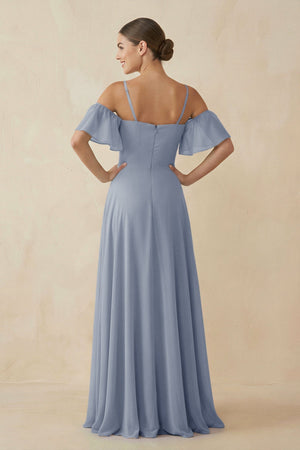 Off - the - Shoulder A - Line Chiffon Bridesmaid Dress in Twilight - KissProm Bridesmaid Dresses
