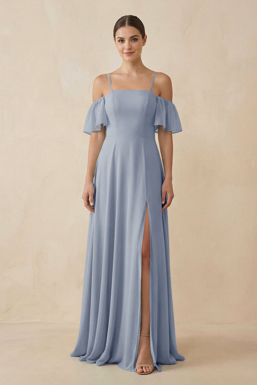 Off - the - Shoulder A - Line Chiffon Bridesmaid Dress in Twilight - KissProm Bridesmaid Dresses