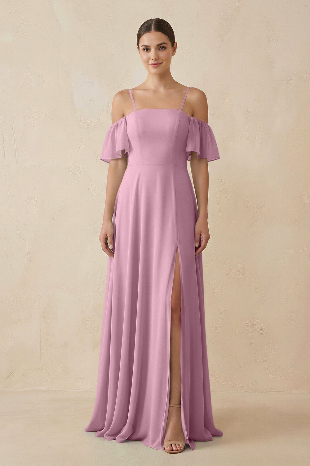 Off - the - Shoulder A - Line Chiffon Bridesmaid Dress in Vintage Mauve - KissProm Bridesmaid Dresses