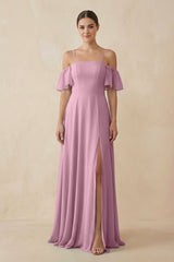 Off - the - Shoulder A - Line Chiffon Bridesmaid Dress in Vintage Mauve - KissProm Bridesmaid Dresses