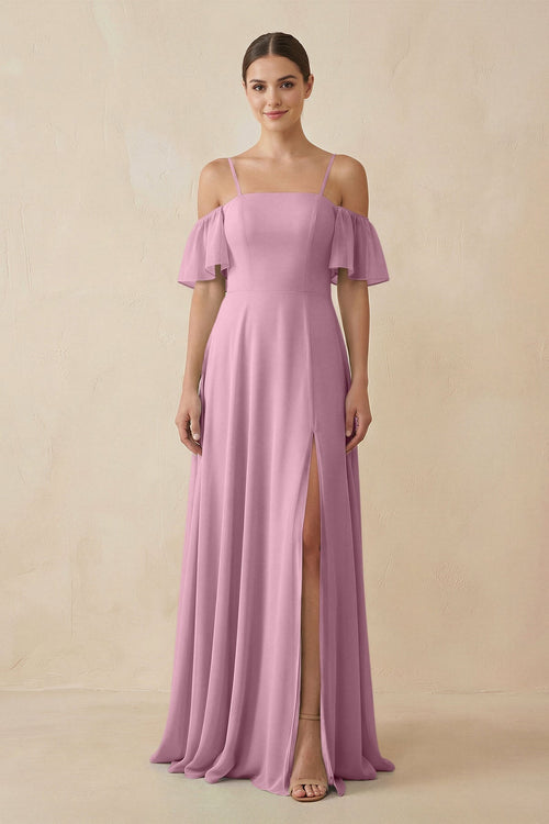 Off - the - Shoulder A - Line Chiffon Bridesmaid Dress in Vintage Mauve - KissProm Bridesmaid Dresses