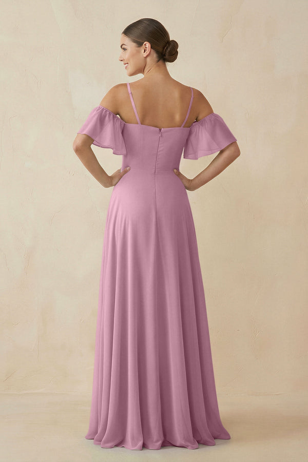 Off - the - Shoulder A - Line Chiffon Bridesmaid Dress in Vintage Mauve - KissProm Bridesmaid Dresses