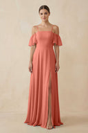 Off - the - Shoulder A - Line Chiffon Bridesmaid Dress in Wild Rose - KissProm Bridesmaid Dresses