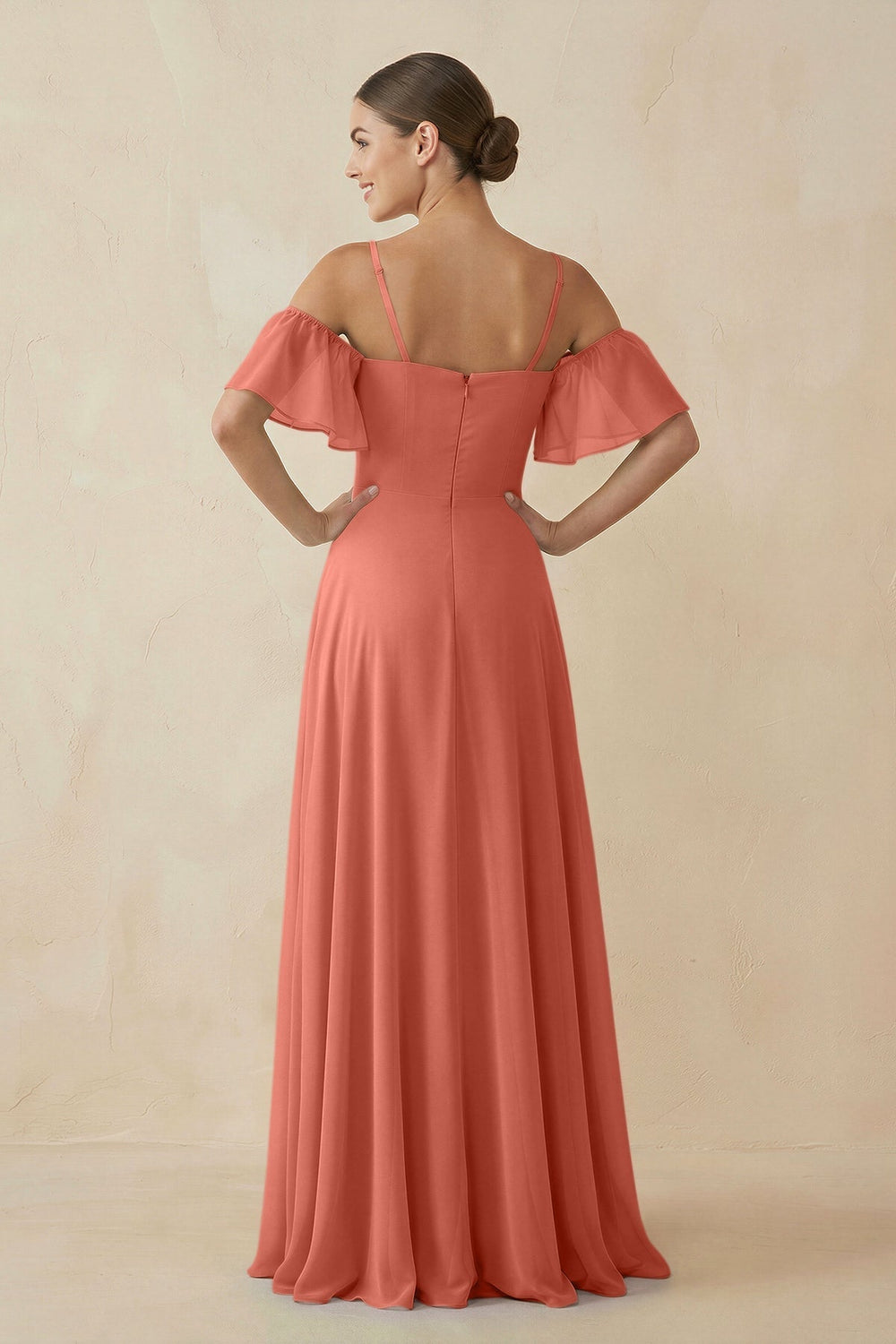 Off - the - Shoulder A - Line Chiffon Bridesmaid Dress in Wild Rose - KissProm Bridesmaid Dresses