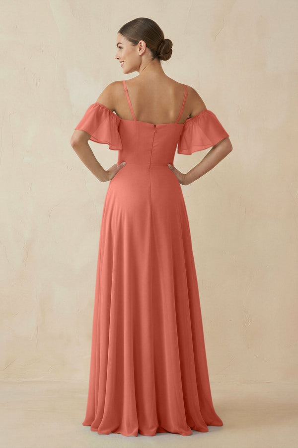 Off - the - Shoulder A - Line Chiffon Bridesmaid Dress in Wild Rose - KissProm Bridesmaid Dresses