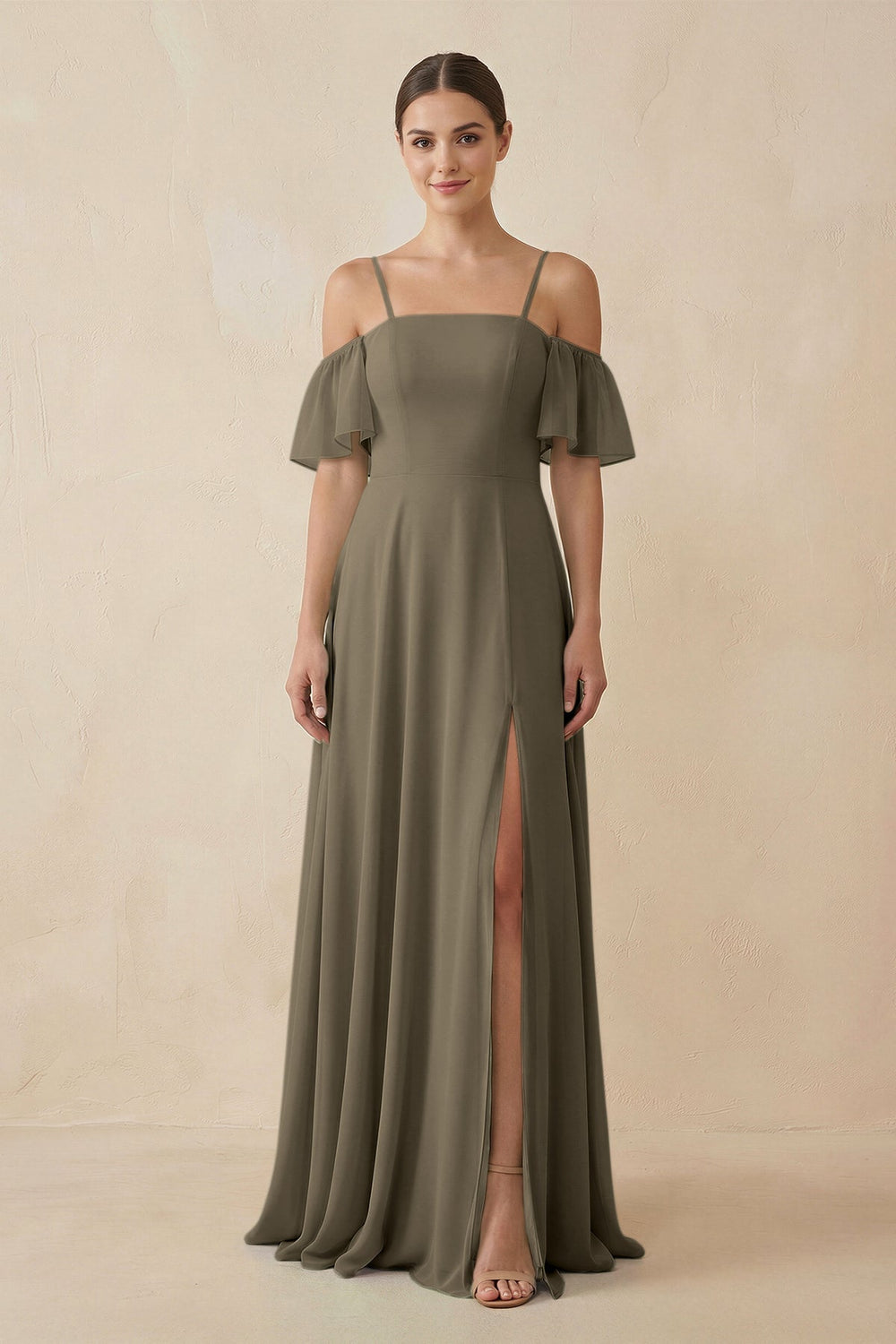 Off - the - Shoulder A - Line Chiffon Bridesmaid Dress in Willow Green - KissProm Bridesmaid Dresses
