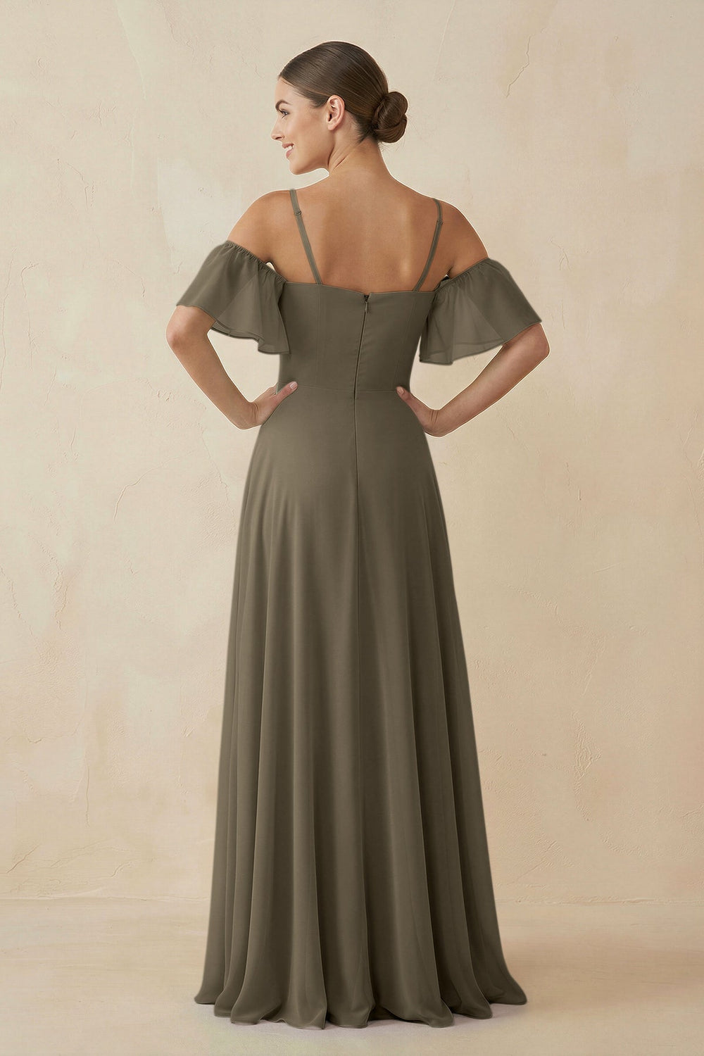 Off - the - Shoulder A - Line Chiffon Bridesmaid Dress in Willow Green - KissProm Bridesmaid Dresses