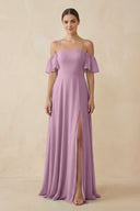 Off - the - Shoulder A - Line Chiffon Bridesmaid Dress in Wisteria - KissProm Bridesmaid Dresses