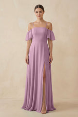 Off - the - Shoulder A - Line Chiffon Bridesmaid Dress in Wisteria - KissProm Bridesmaid Dresses