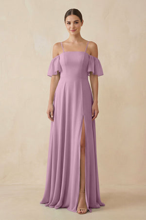 Off - the - Shoulder A - Line Chiffon Bridesmaid Dress in Wisteria - KissProm Bridesmaid Dresses