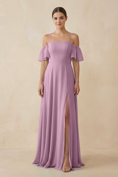Off - the - Shoulder A - Line Chiffon Bridesmaid Dress in Wisteria - KissProm Bridesmaid Dresses