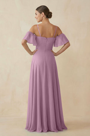 Off - the - Shoulder A - Line Chiffon Bridesmaid Dress in Wisteria - KissProm Bridesmaid Dresses