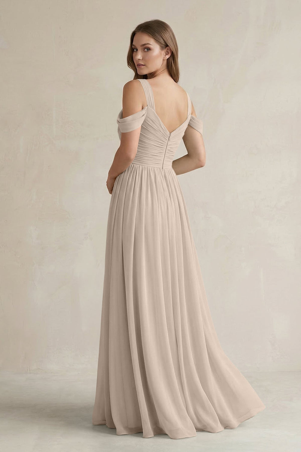 Off - the - Shoulder A - Line Chiffon Bridesmaid Dress With Slit in Almond - KissProm Bridesmaid Dresses