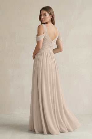 Off - the - Shoulder A - Line Chiffon Bridesmaid Dress With Slit in Almond - KissProm Bridesmaid Dresses