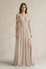 Off - the - Shoulder A - Line Chiffon Bridesmaid Dress With Slit in Almond - KissProm Bridesmaid Dresses