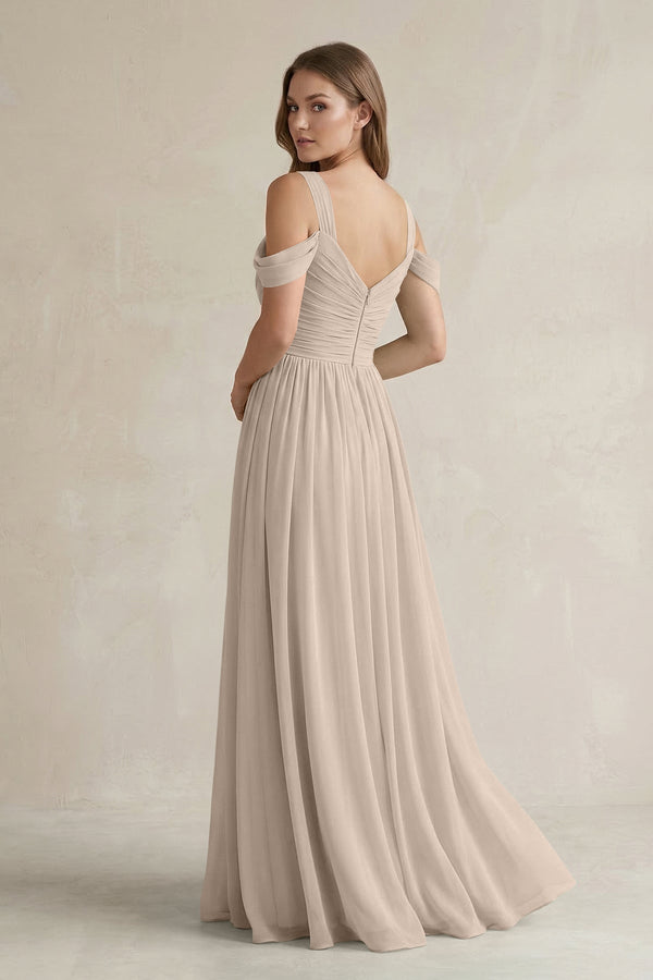 Off - the - Shoulder A - Line Chiffon Bridesmaid Dress With Slit in Almond - KissProm Bridesmaid Dresses