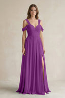 Off - the - Shoulder A - Line Chiffon Bridesmaid Dress With Slit in Amethyst - KissProm Bridesmaid Dresses