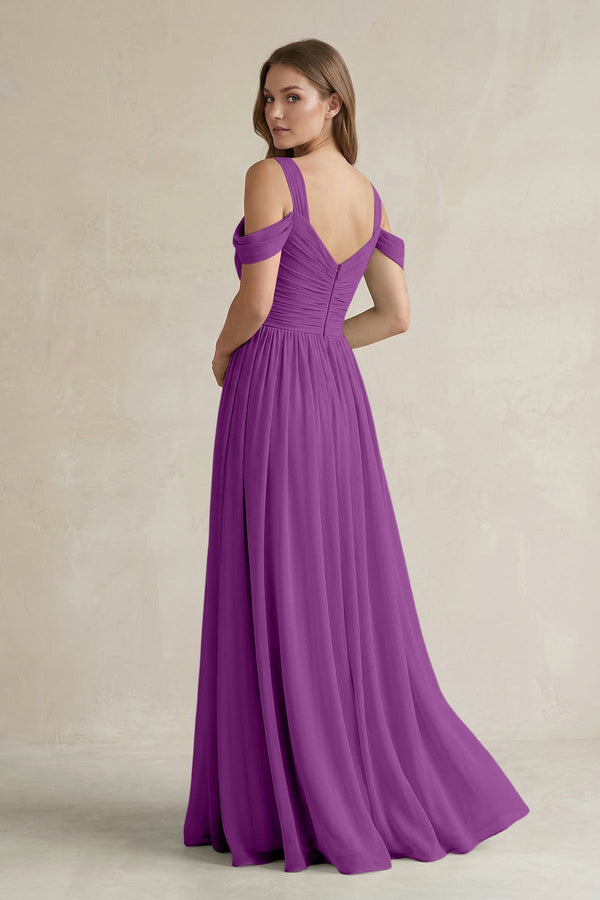 Off - the - Shoulder A - Line Chiffon Bridesmaid Dress With Slit in Amethyst - KissProm Bridesmaid Dresses