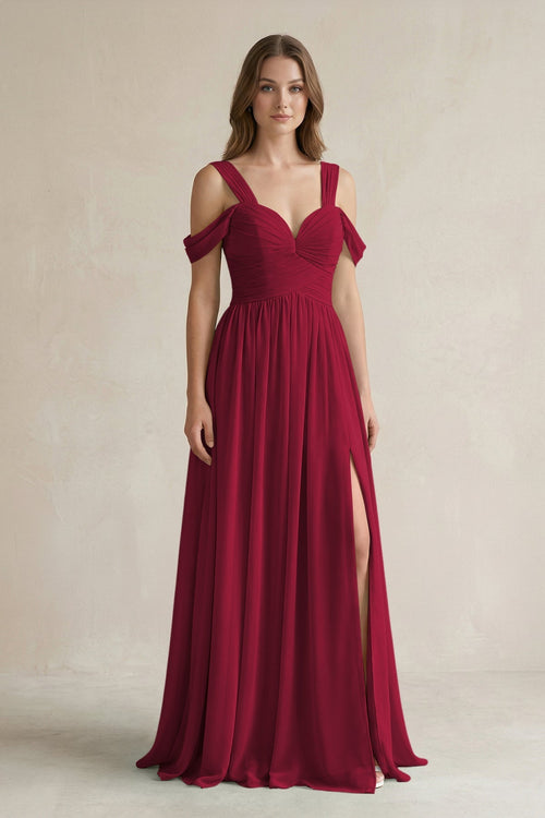 Off - the - Shoulder A - Line Chiffon Bridesmaid Dress With Slit in Berry - KissProm Bridesmaid Dresses