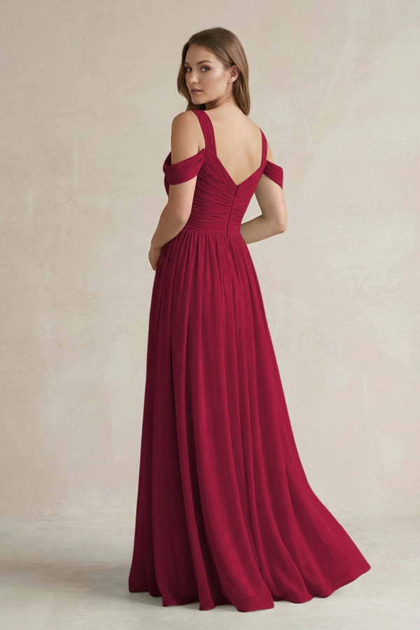 Off - the - Shoulder A - Line Chiffon Bridesmaid Dress With Slit in Berry - KissProm Bridesmaid Dresses