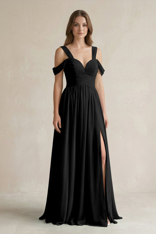 Off - the - Shoulder A - Line Chiffon Bridesmaid Dress With Slit in Black - KissProm Bridesmaid Dresses
