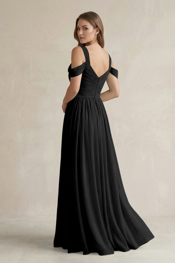 Off - the - Shoulder A - Line Chiffon Bridesmaid Dress With Slit in Black - KissProm Bridesmaid Dresses
