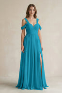 Off - the - Shoulder A - Line Chiffon Bridesmaid Dress With Slit in Blue Jay - KissProm Bridesmaid Dresses